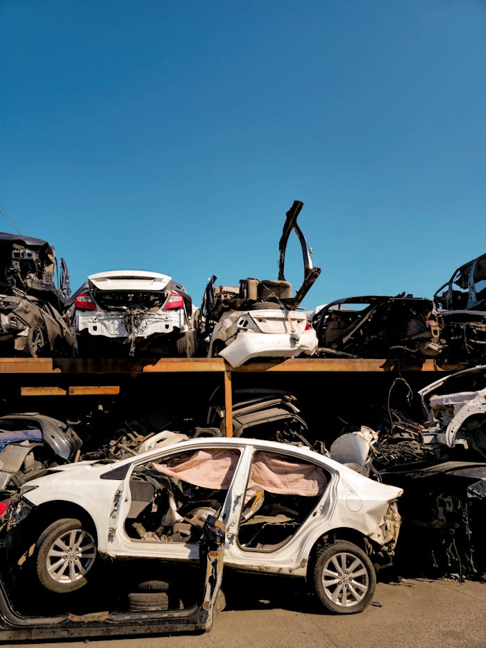 Rows of damaged vehicles in a scrapyard under a clear blue sky.